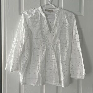 LOFT 100% Cotton White Eyelet 3/4 Bell Sleeve Cottagecore Summer Blouse Small